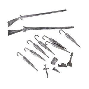 Pewter Dollhouse Miniatures Set Rifle Umbrella Calculator Dagger & More